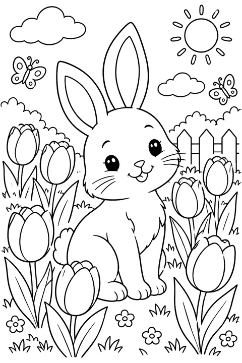 a bunny among tulips coloring page