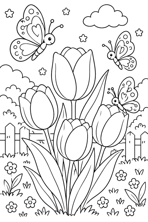 butterflies around tulips coloring page