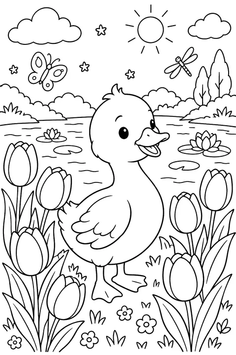 a duck among tulips by a pond coloring page