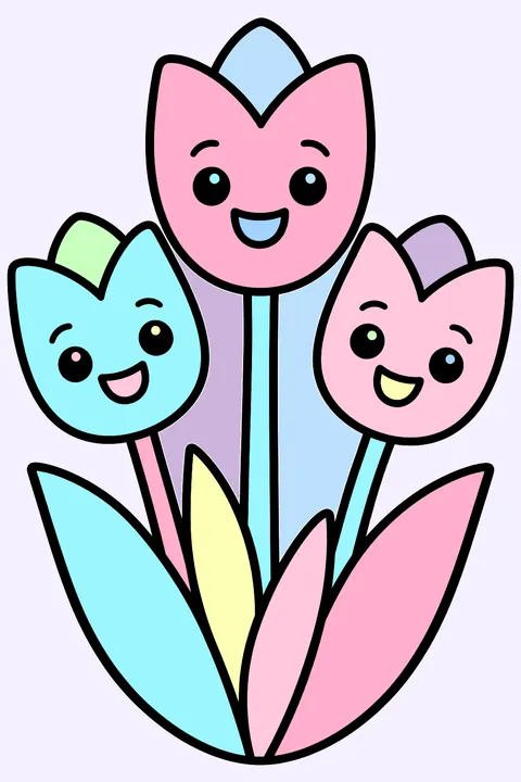 three tulips with happy faces coloring page