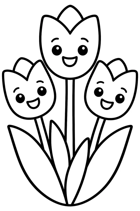 three tulips with happy faces coloring page
