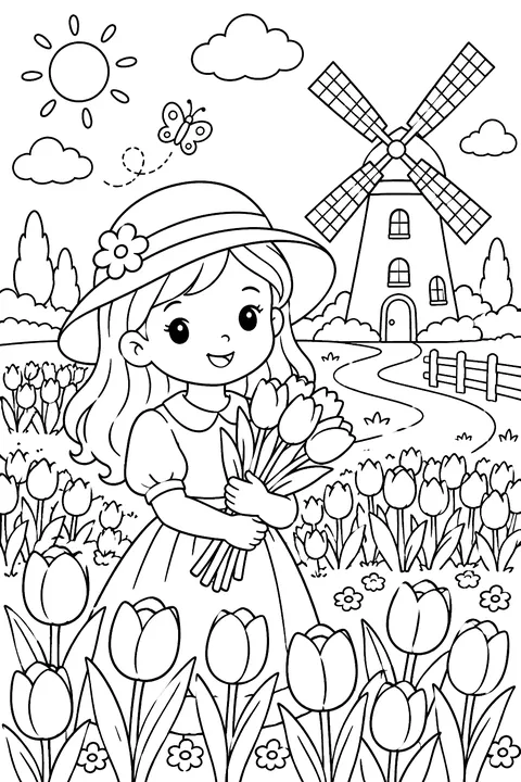 a tulip field with a windmill coloring page