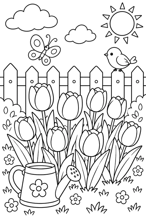 a tulip garden with a fence coloring page