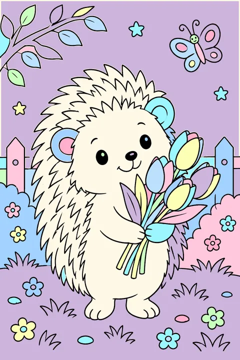 a hedgehog with tulips coloring page