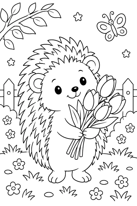 a hedgehog with tulips coloring page