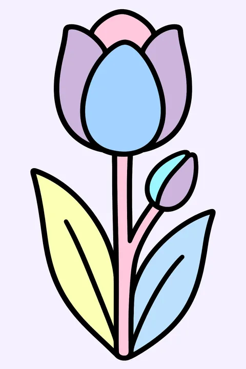 a single tulip with two leaves and a small bud coloring page