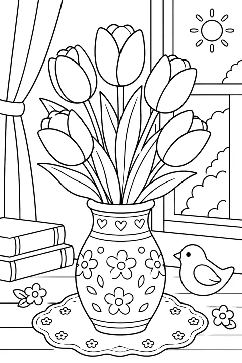tulips in a vase coloring page