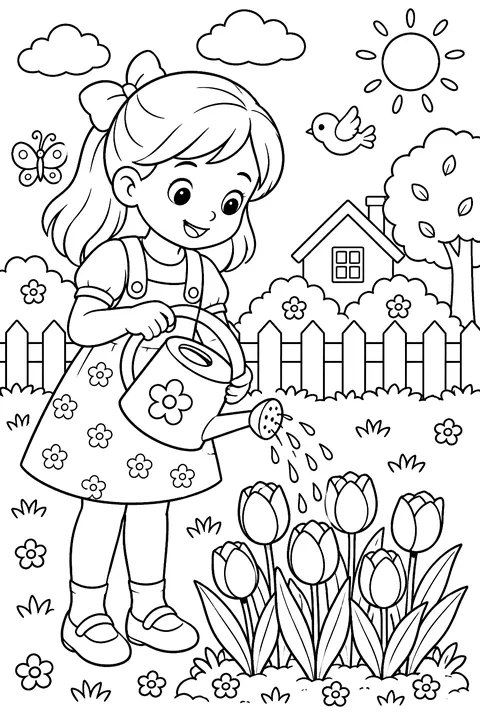 a child watering tulips coloring page