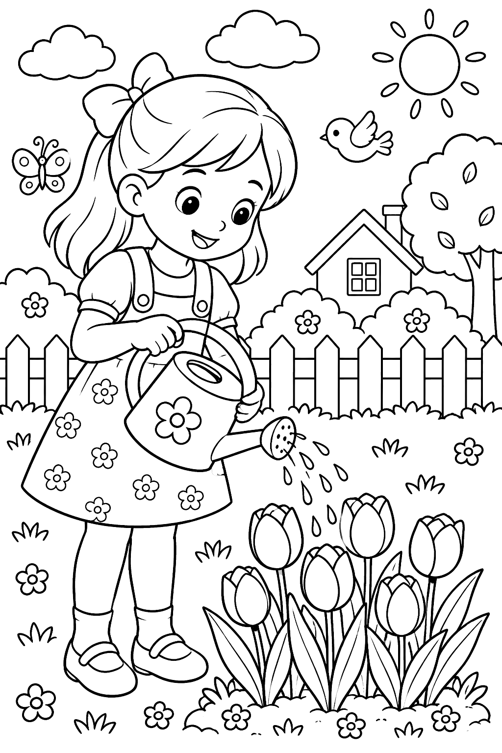 a child watering tulips coloring page