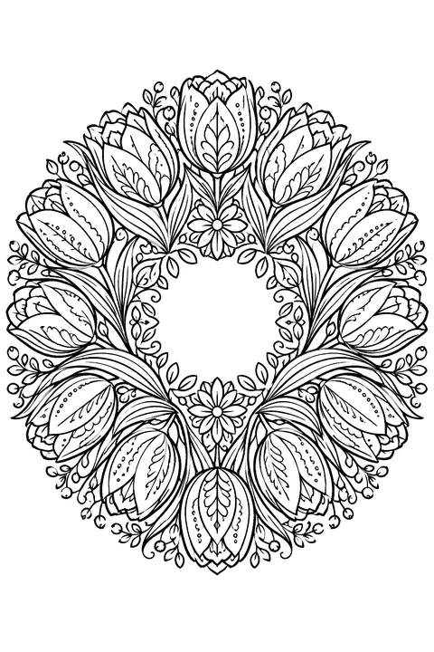 a wreath of tulips coloring page