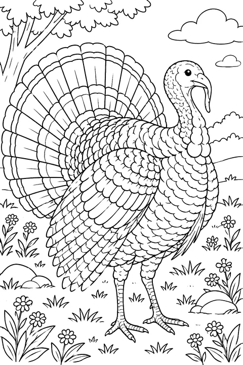 Realistic wild turkey with detailed feathers coloring page