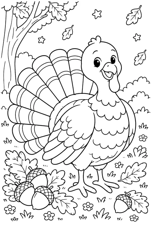 Turkey with acorns and oak leaves coloring page