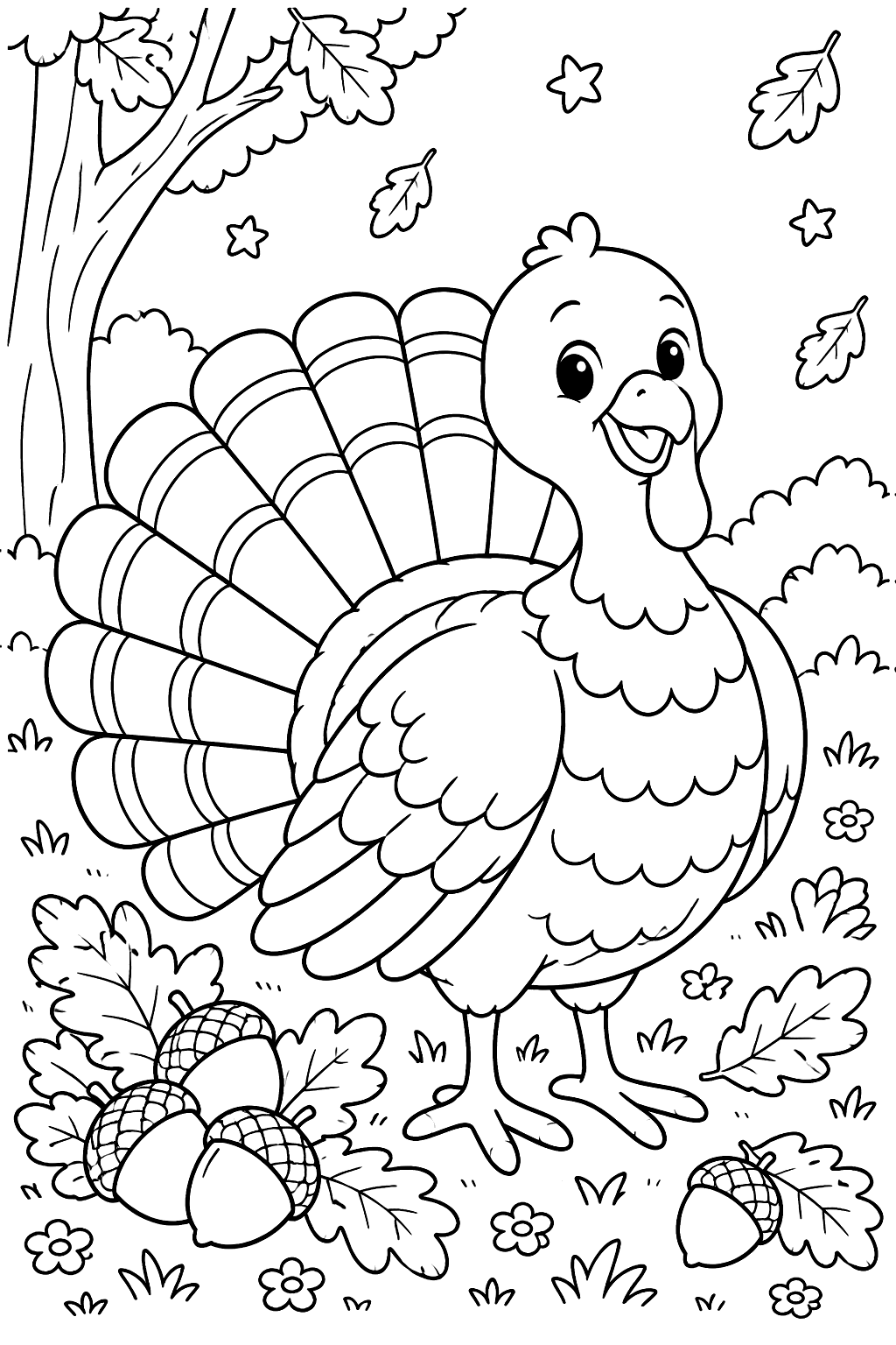 Turkey with acorns and oak leaves coloring page