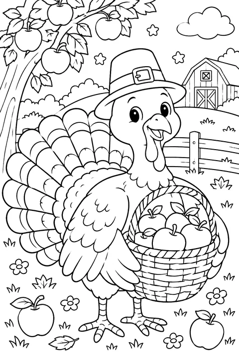 Turkey with a basket of apples coloring page
