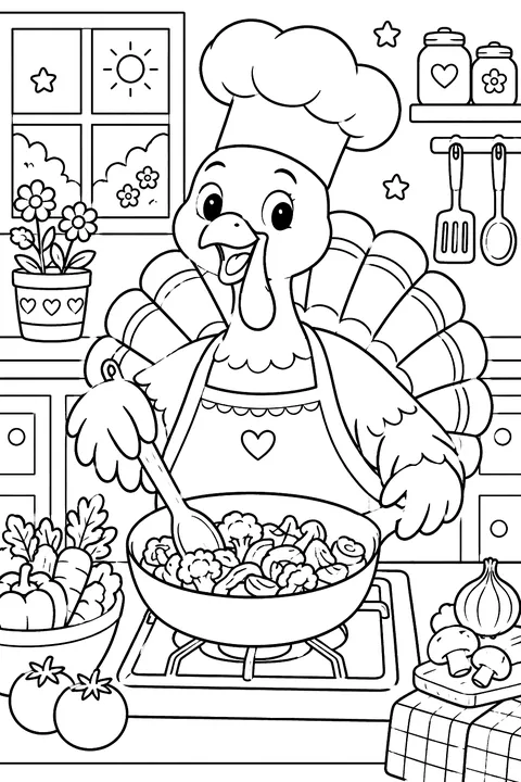 Turkey in a chef hat cooking vegetables coloring page