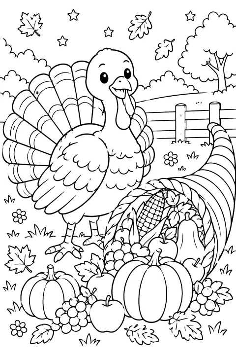 Turkey beside a cornucopia full of fruit and vegetables coloring page