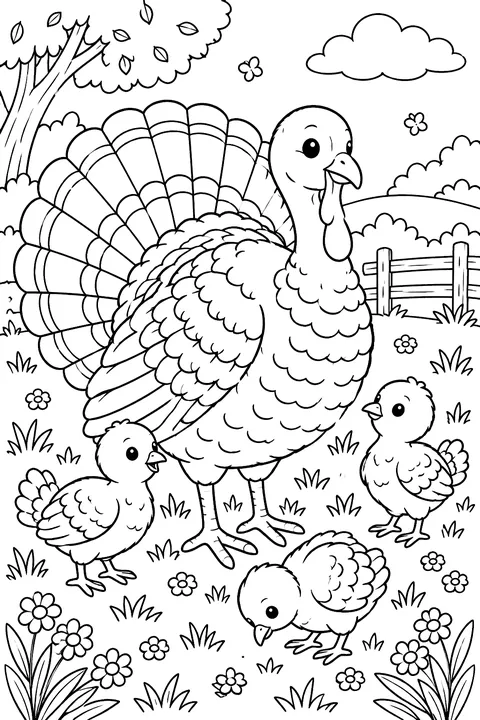 Turkey with little chicks in a meadow coloring page