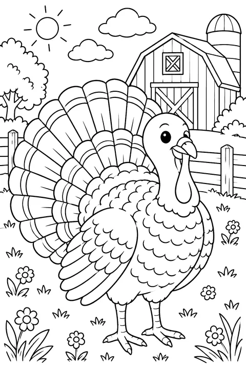 Turkey with fanned tail feathers in front of a barn coloring page