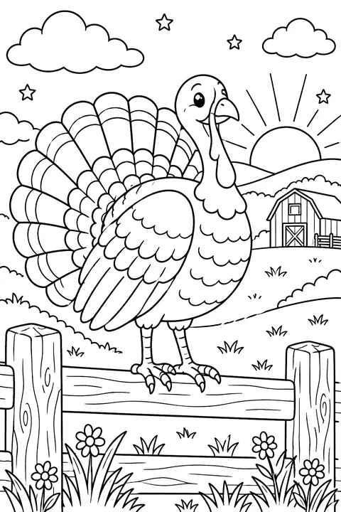 Turkey standing on a fence at sunset coloring page