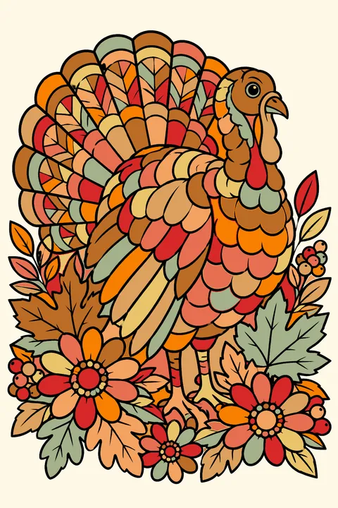 Turkey surrounded by intricate autumn leaves and flowers coloring page