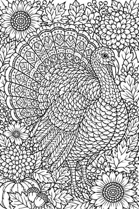 Turkey surrounded by intricate autumn leaves and flowers coloring page