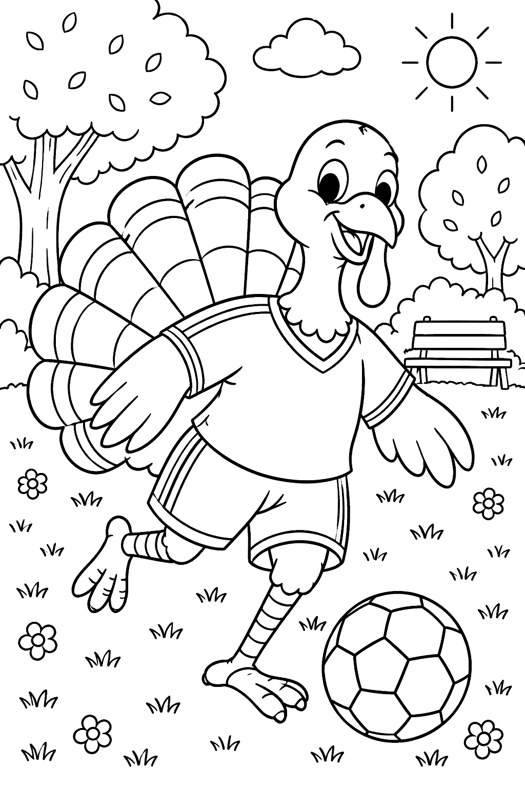 Turkey playing football in a park coloring page