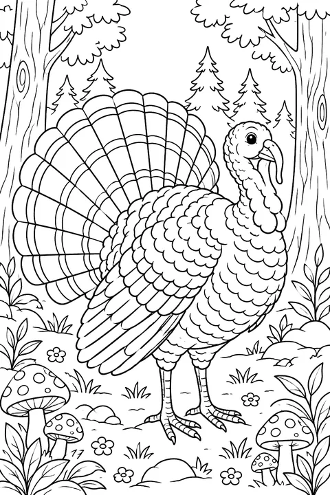 Wild turkey among trees and mushrooms coloring page
