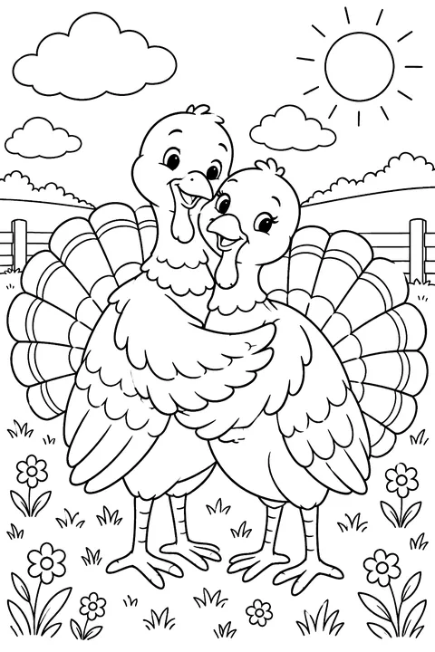 Two turkeys hugging in a field coloring page