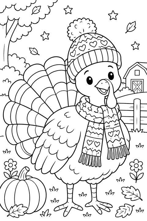 Turkey in a knitted hat and scarf coloring page
