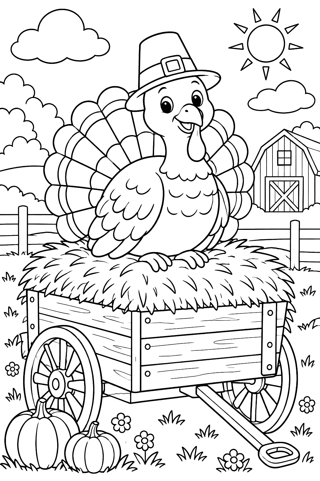 Turkey sitting on a hay wagon coloring page