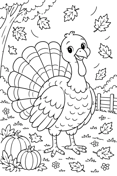 Turkey with autumn leaves falling around it coloring page