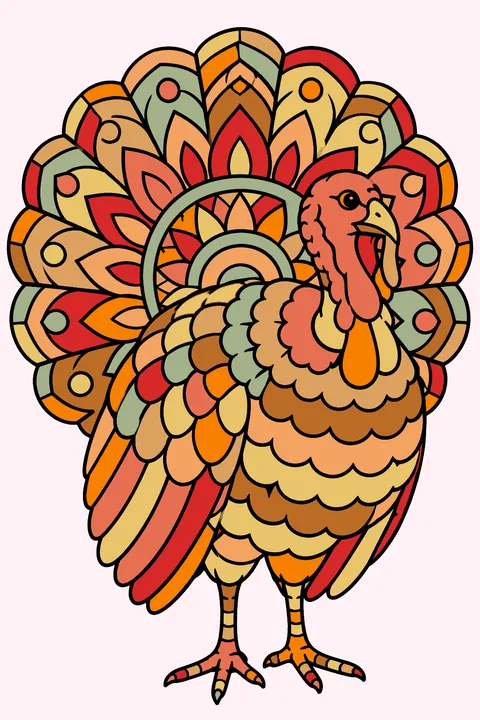 Turkey with a mandala-pattern tail coloring page