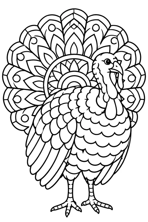 Turkey with a mandala-pattern tail coloring page