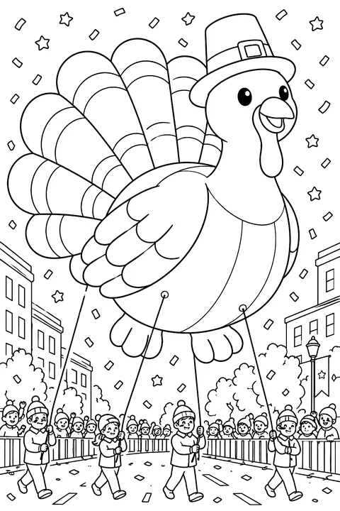 Turkey balloon floating in a parade with confetti coloring page
