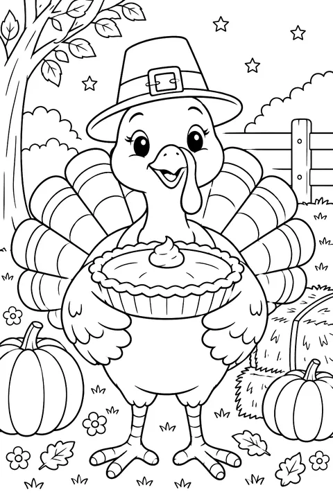 Turkey holding a pumpkin pie coloring page