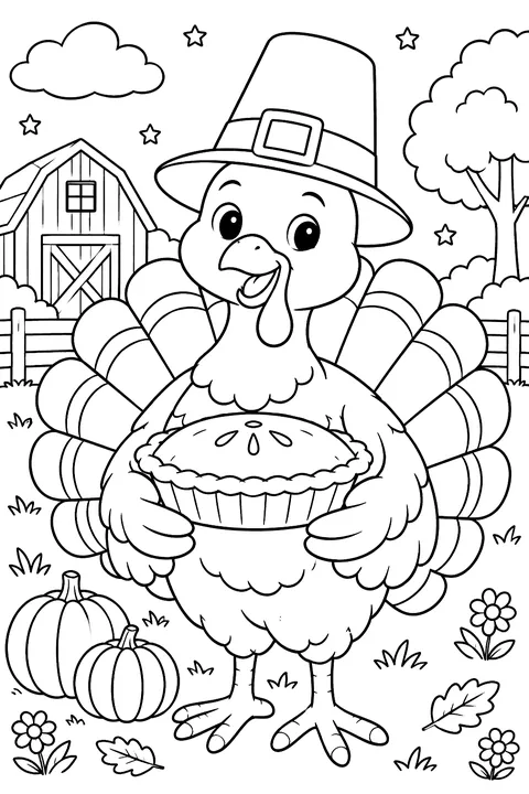 Turkey wearing a pilgrim hat and holding a pie coloring page