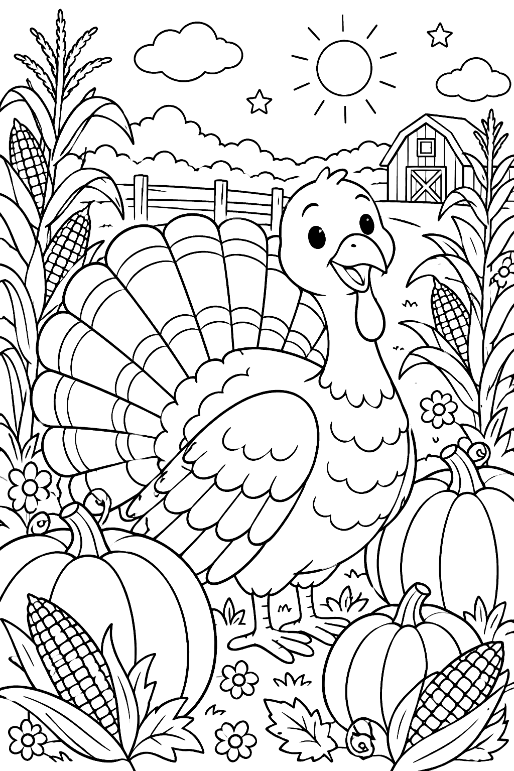 Turkey among pumpkins and corn in a harvest field coloring page