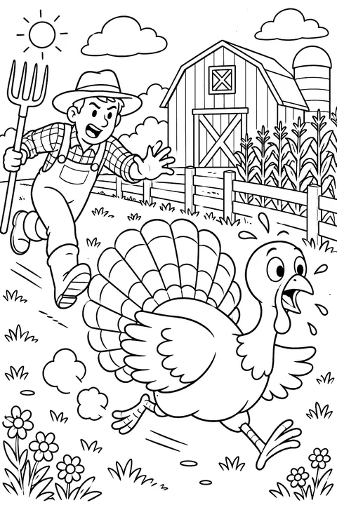 Turkey running away from a farm field coloring page