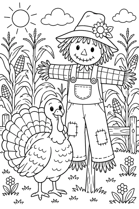 Turkey next to a scarecrow in a cornfield coloring page
