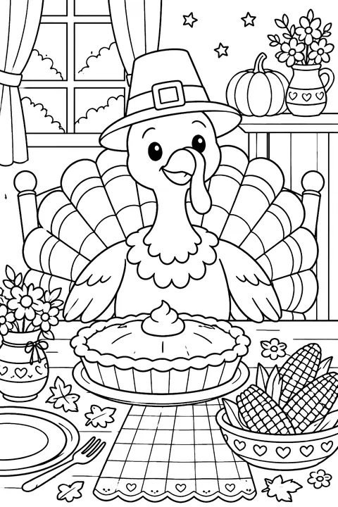 Turkey at a festive table with pie and corn coloring page