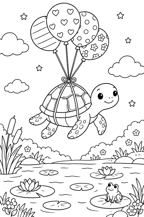 Turtle Floating With Balloons coloring page