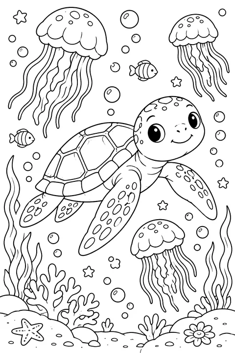 Sea Turtle and Jellyfish coloring page
