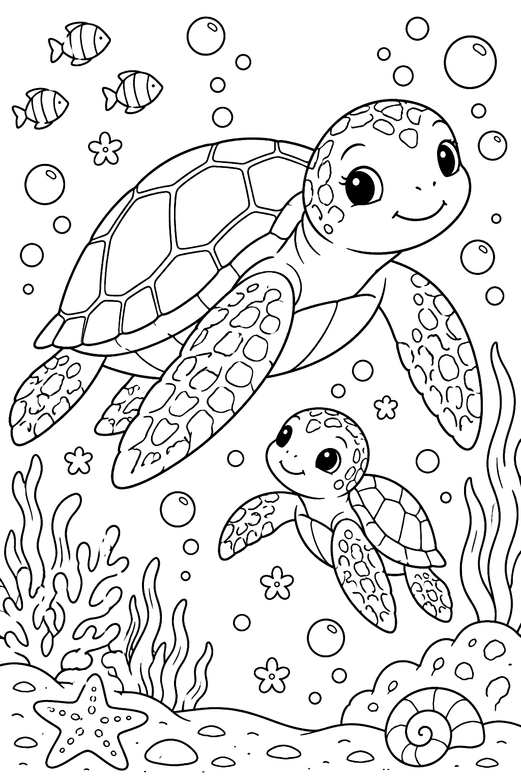 Mother Sea Turtle and Baby coloring page