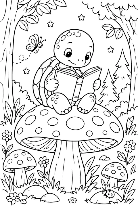 Turtle Reading on a Mushroom coloring page