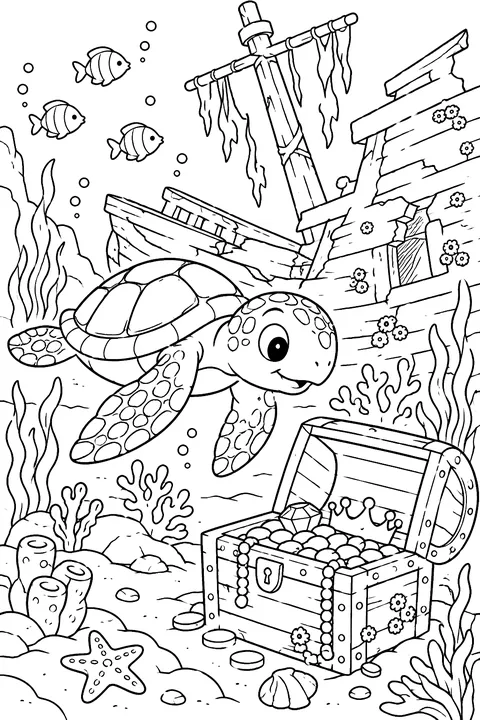 Sea Turtle at the Shipwreck coloring page