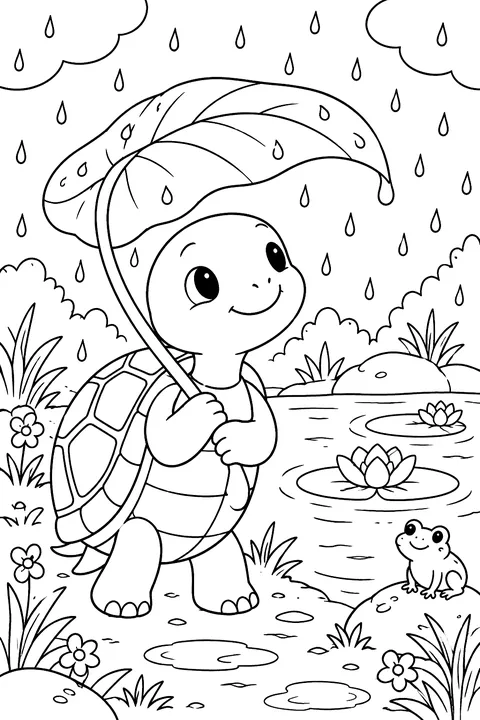 Turtle With a Leaf Umbrella coloring page