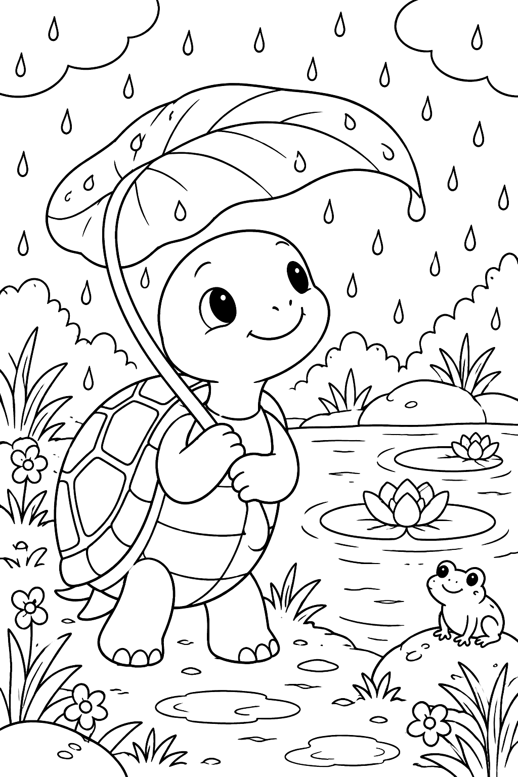 Turtle With a Leaf Umbrella coloring page