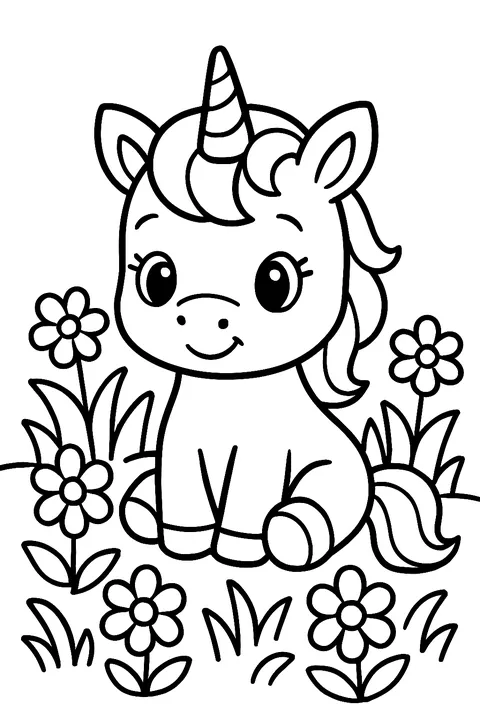 Cute baby unicorn sitting in a flower meadow coloring page
