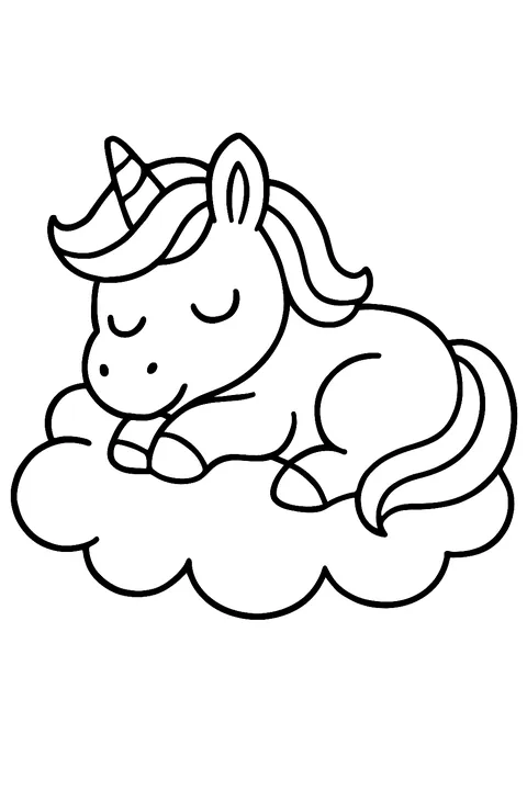 Unicorn sleeping on top of fluffy clouds coloring page