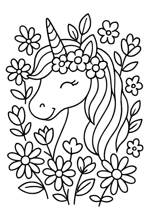Unicorn with a flower crown surrounded by flowers coloring page